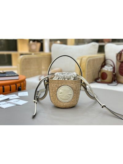 Chloe Mini Horse Medal Basket Natural Fibers Shoulder Crossbody Bag White - Main view