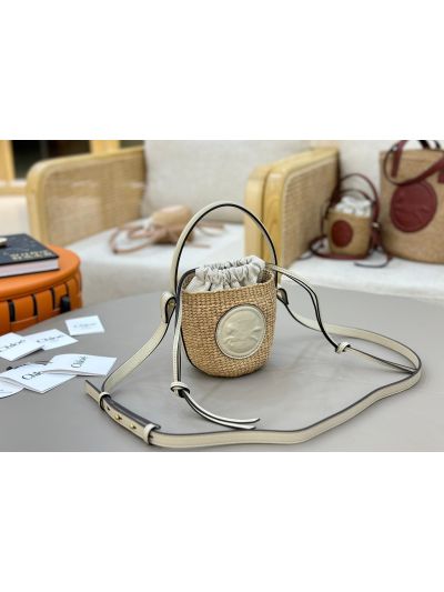 Chloe Mini Horse Medal Basket Natural Fibers Shoulder Crossbody Bag White - Detail view 2