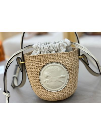 Chloe Mini Horse Medal Basket Natural Fibers Shoulder Crossbody Bag White - Detail view 3