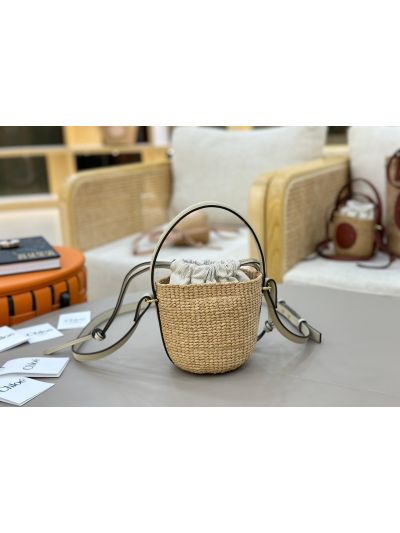 Chloe Mini Horse Medal Basket Natural Fibers Shoulder Crossbody Bag White - Detail view 7
