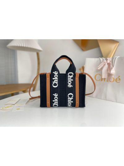 Chloe Mini Woody Canvas Top Handle Shoulder Bag Black - Main view
