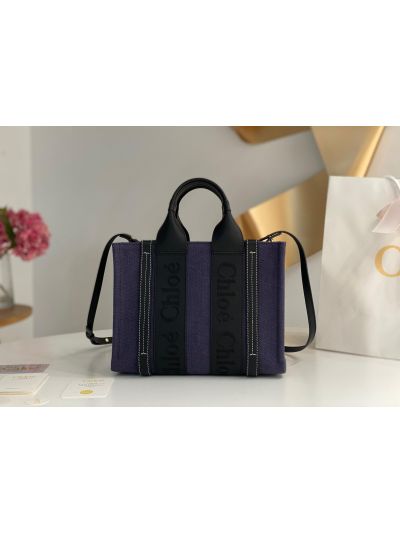 Chloe Mini Woody Canvas Top Handle Shoulder Bag Navy Blue - Main view