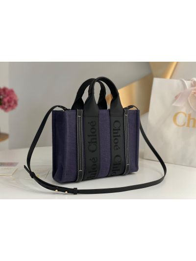 Chloe Mini Woody Canvas Top Handle Shoulder Bag Navy Blue - Detail view 3