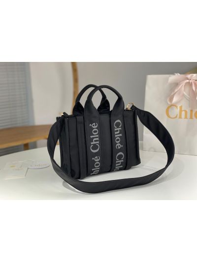 Chloe Mini Woody Nylon Top Handle Shoulder Bag Black - Detail view 3
