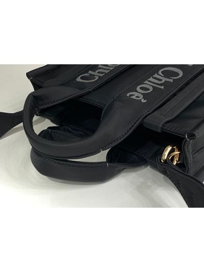 Chloe Mini Woody Nylon Top Handle Shoulder Bag Black - Detail view 4