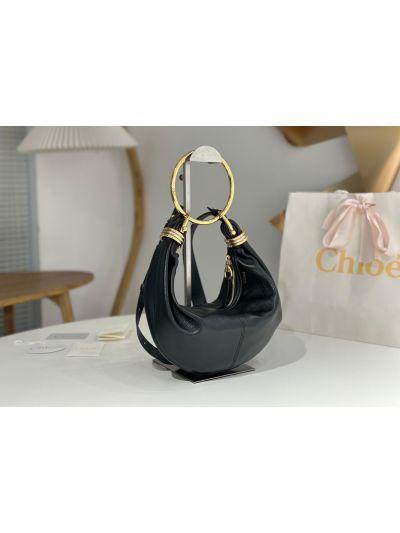 Chloe Small Bracelet Hobo Shoulder Crossbody Bag Black Grained Leather - Detail view 2