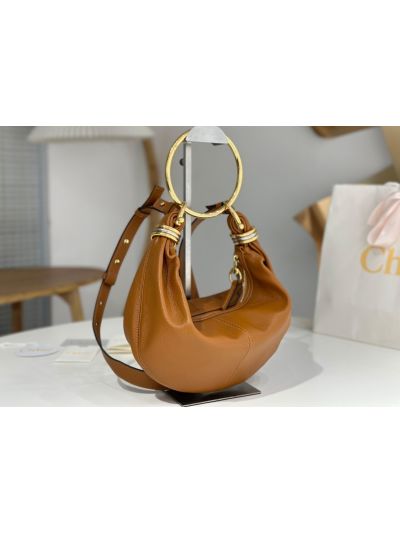 Chloe Small Bracelet Hobo Shoulder Crossbody Bag Brown Grained Leather - Detail view 3