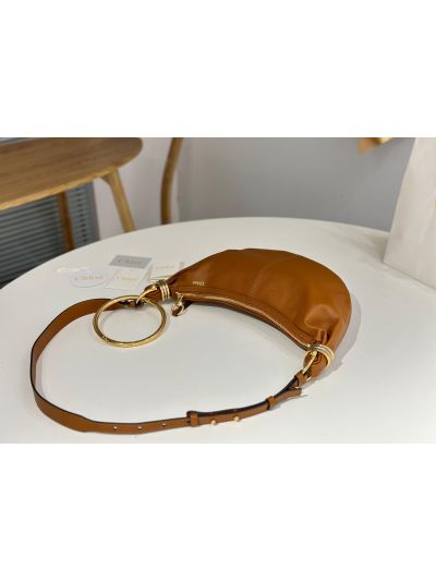 Chloe Small Bracelet Hobo Shoulder Crossbody Bag Brown Grained Leather - Detail view 6