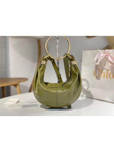 Chloe Small Bracelet Hobo Shoulder Crossbody Bag Green Grained Leather