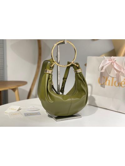 Chloe Small Bracelet Hobo Shoulder Crossbody Bag Green Grained Leather - Detail view 3