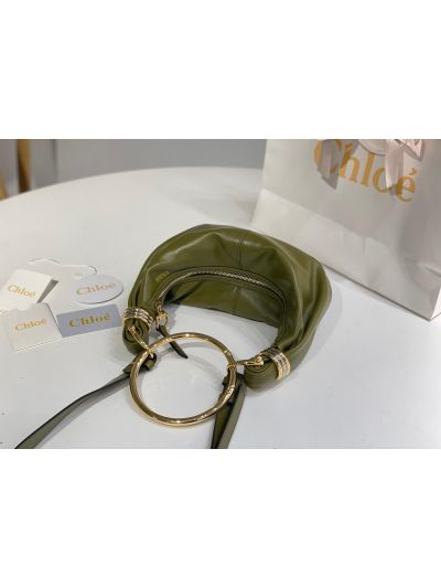Chloe Small Bracelet Hobo Shoulder Crossbody Bag Green Grained Leather - Detail view 5