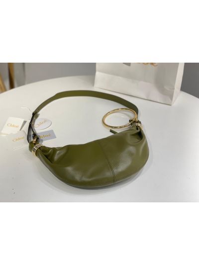 Chloe Small Bracelet Hobo Shoulder Crossbody Bag Green Grained Leather - Detail view 7