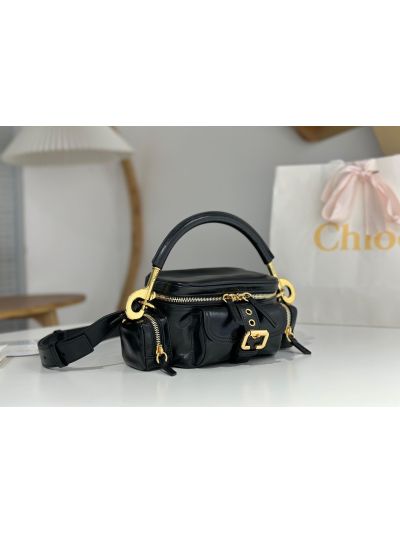 Chloe Small Camera Shoulder Crossbody Bag Black Shiny Leather - Detail view 2