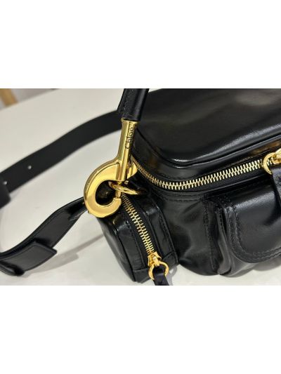Chloe Small Camera Shoulder Crossbody Bag Black Shiny Leather - Detail view 3