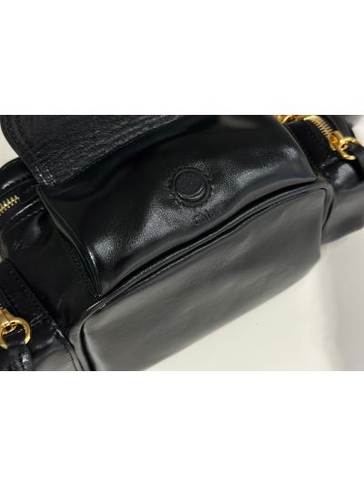 Chloe Small Camera Shoulder Crossbody Bag Black Shiny Leather - Detail view 6