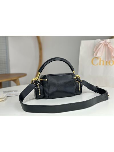 Chloe Small Camera Shoulder Crossbody Bag Black Shiny Leather - Detail view 7
