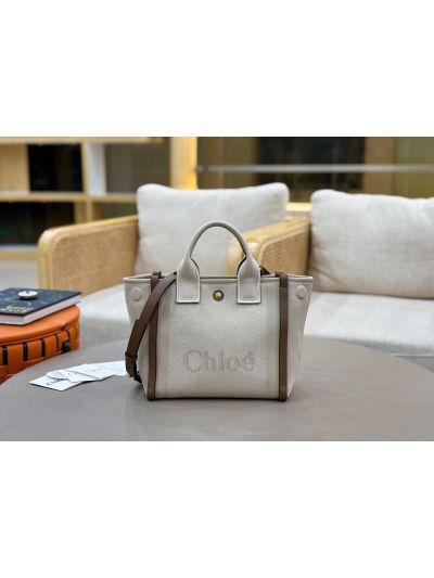 Chloe Small Carry Tote Shoulder Bag Beige Cotton Canvas - Main view