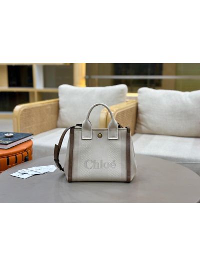 Chloe Small Carry Tote Shoulder Bag Beige Cotton Canvas - Detail view 2