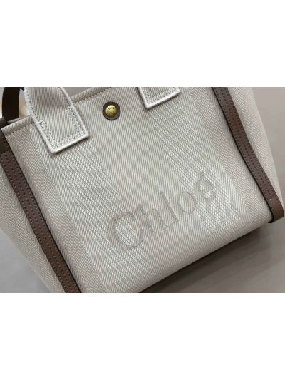 Chloe Small Carry Tote Shoulder Bag Beige Cotton Canvas - Detail view 3