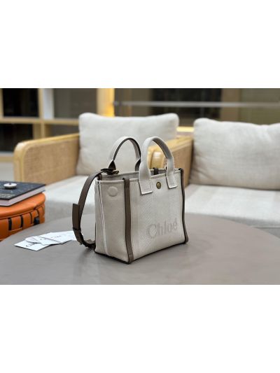 Chloe Small Carry Tote Shoulder Bag Beige Cotton Canvas - Detail view 4