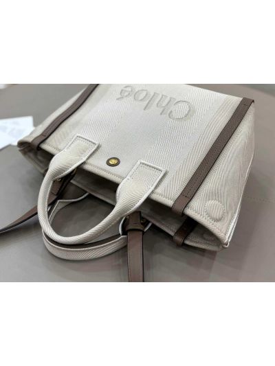 Chloe Small Carry Tote Shoulder Bag Beige Cotton Canvas - Detail view 5