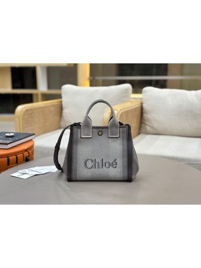 Chloe Small Carry Tote Shoulder Bag Gray Cotton Canvas - Detail view 2