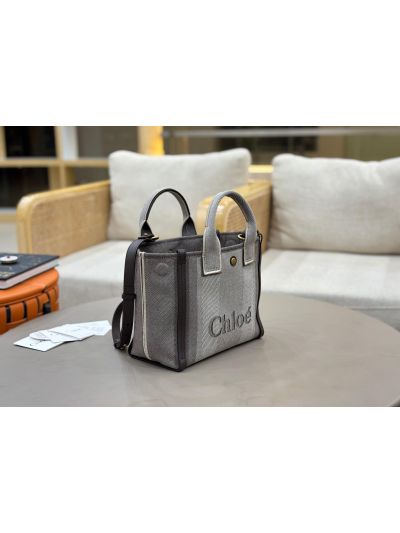 Chloe Small Carry Tote Shoulder Bag Gray Cotton Canvas - Detail view 4