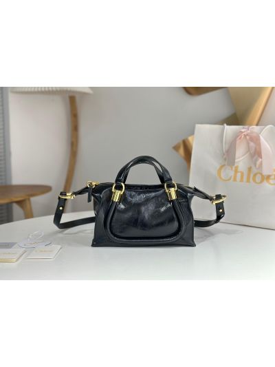 Chloe Small Paraty 24 Shoulder Crossbody Bag Black Shiny Leather - Main view