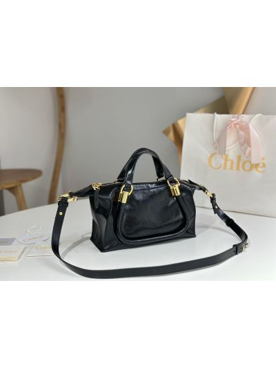 Chloe Small Paraty 24 Shoulder Crossbody Bag Black Shiny Leather - Detail view 2
