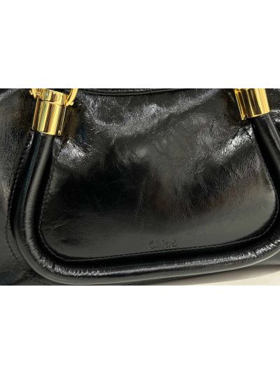 Chloe Small Paraty 24 Shoulder Crossbody Bag Black Shiny Leather - Detail view 3