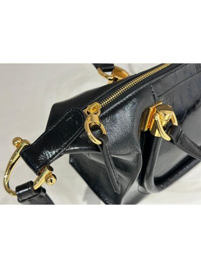 Chloe Small Paraty 24 Shoulder Crossbody Bag Black Shiny Leather - Detail view 4