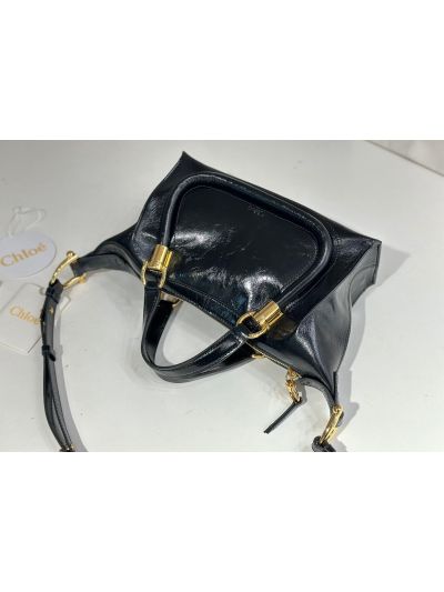 Chloe Small Paraty 24 Shoulder Crossbody Bag Black Shiny Leather - Detail view 9