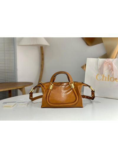 Chloe Small Paraty 24 Shoulder Crossbody Bag Brown Shiny Leather - Main view