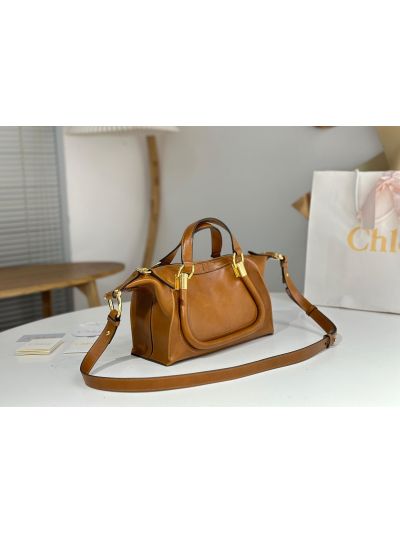 Chloe Small Paraty 24 Shoulder Crossbody Bag Brown Shiny Leather - Detail view 2