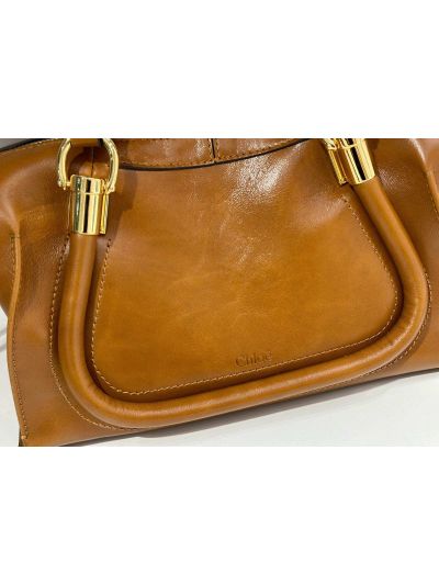 Chloe Small Paraty 24 Shoulder Crossbody Bag Brown Shiny Leather - Detail view 3