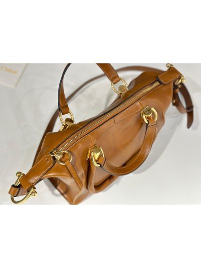 Chloe Small Paraty 24 Shoulder Crossbody Bag Brown Shiny Leather - Detail view 7