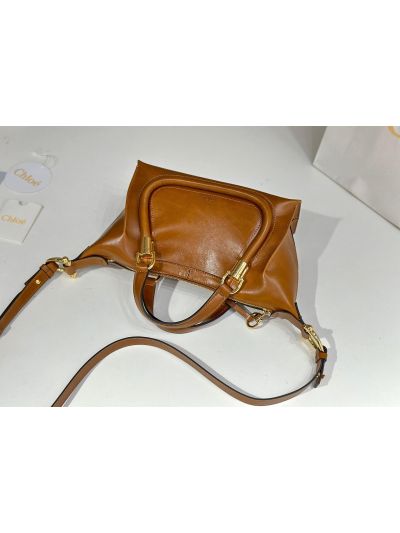 Chloe Small Paraty 24 Shoulder Crossbody Bag Brown Shiny Leather - Detail view 8