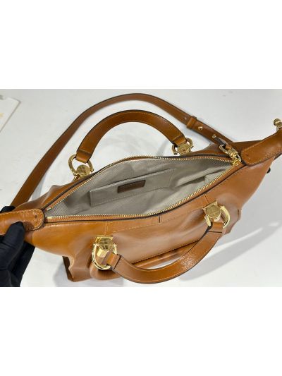 Chloe Small Paraty 24 Shoulder Crossbody Bag Brown Shiny Leather - Detail view 9