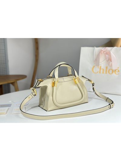 Chloe Small Paraty 24 Shoulder Crossbody Bag Off White Shiny Leather - Detail view 3