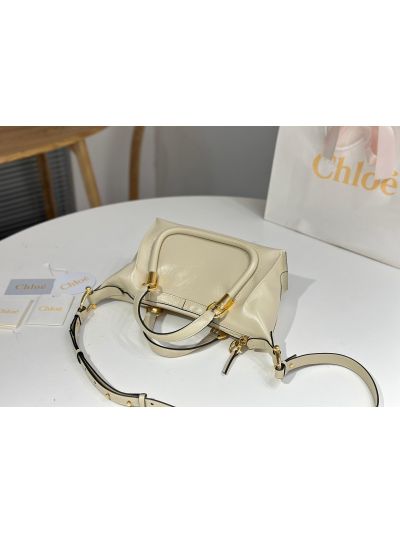 Chloe Small Paraty 24 Shoulder Crossbody Bag Off White Shiny Leather - Detail view 5