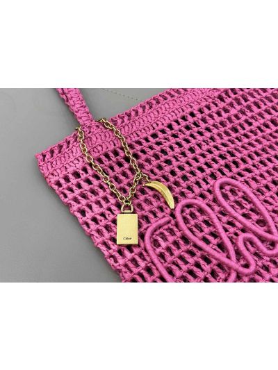Chloe Small Raffia Summer Banana Tote Bag Fuchsia Pink - Detail view 4