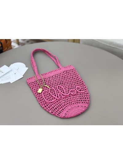 Chloe Small Raffia Summer Banana Tote Bag Fuchsia Pink - Detail view 5