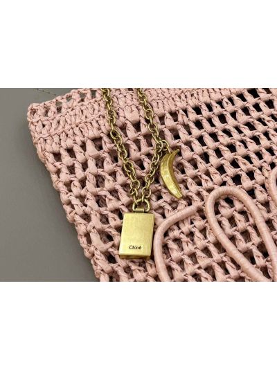 Chloe Small Raffia Summer Banana Tote Bag Pink Beige - Detail view 4