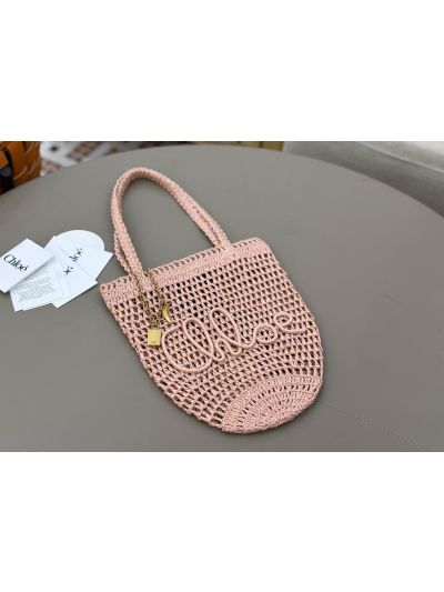 Chloe Small Raffia Summer Banana Tote Bag Pink Beige - Detail view 5