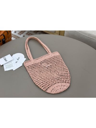 Chloe Small Raffia Summer Banana Tote Bag Pink Beige - Detail view 6