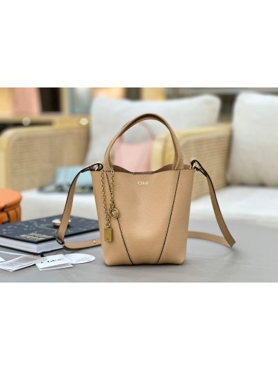 Chloe Small Spin Tote Bag Beige Grained Calfskin Leather
