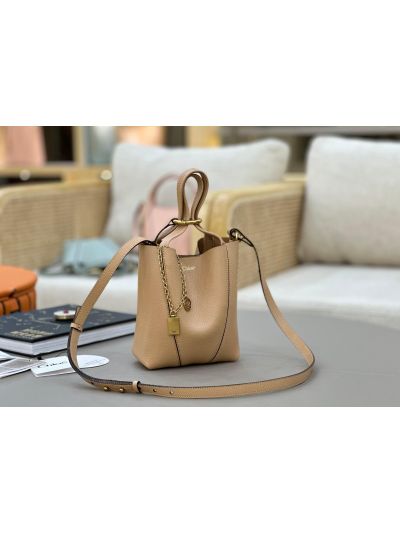 Chloe Small Spin Tote Bag Beige Grained Calfskin Leather - Detail view 3