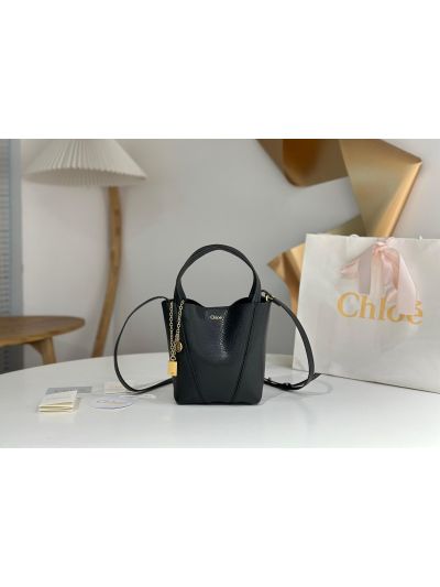 Chloe Small Spin Tote Bag Black Grained Calfskin Leather