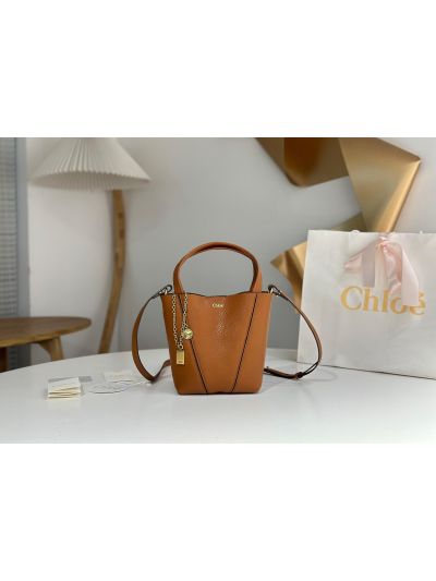 Chloe Small Spin Tote Bag Brown Grained Calfskin Leather - Main view