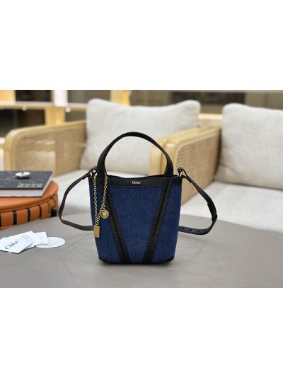 Chloe Small Spin Tote Bag Denim Blue Cotton and Cowhide